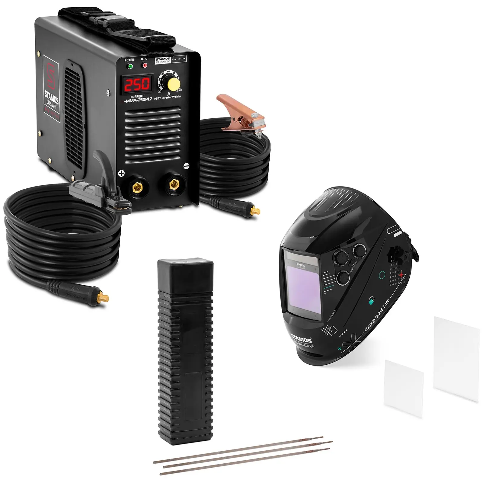 Welding set Electrode welder - 250 A - 8 m cable - 60 % Duty Cycle - welding helmet Colour Glass Y-100 - electrodes E7018 - basic - Ø 2,5 x 350 mm - 5 kg