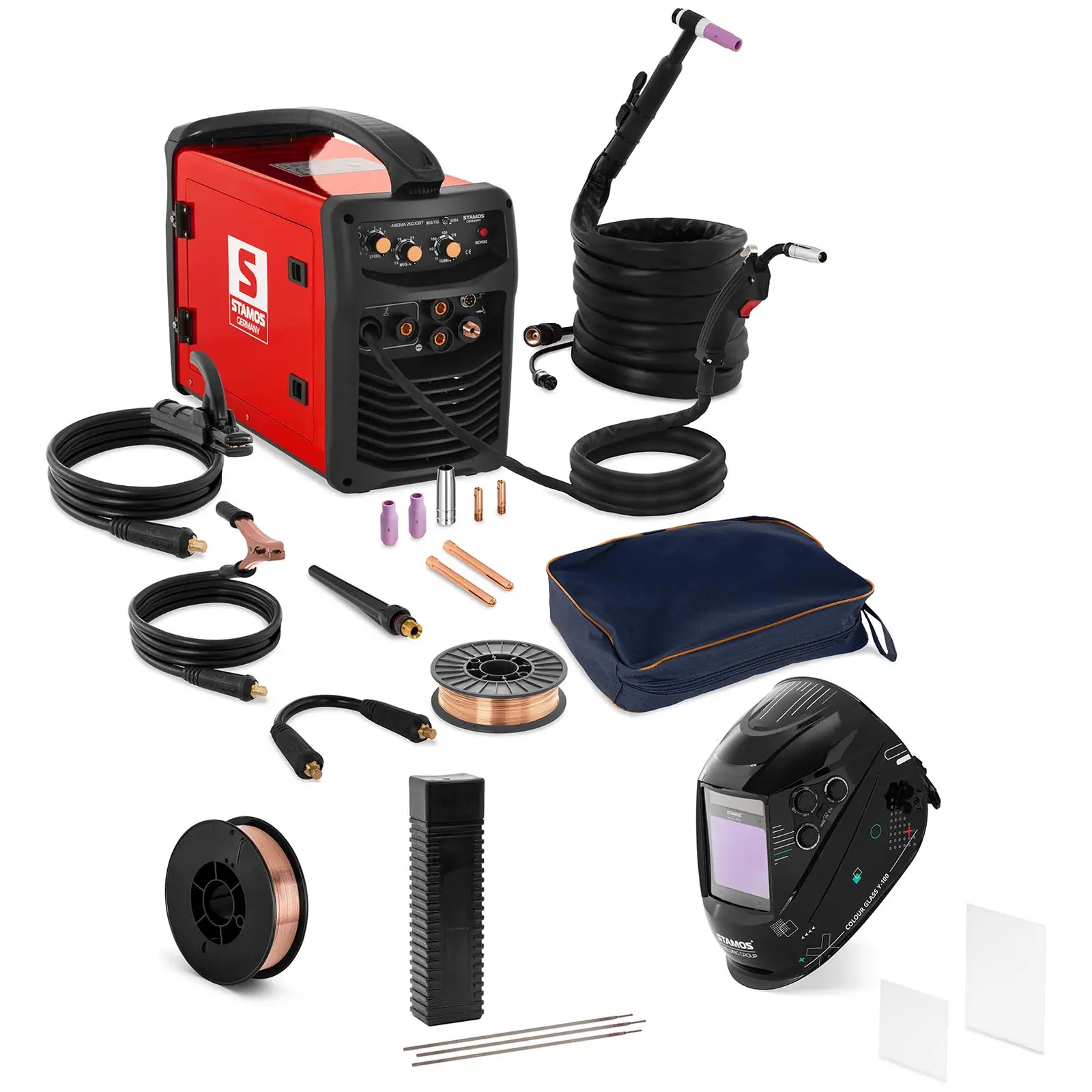 Combination welder - 250 A - 230 V - Welding helmet Colour Glass Y-100 - Welding rod - ER70S-4 - Ø 0,8 mm - 5 kg - Electrodes E7018 - Ø 2,5 x 350 mm - 5 kg