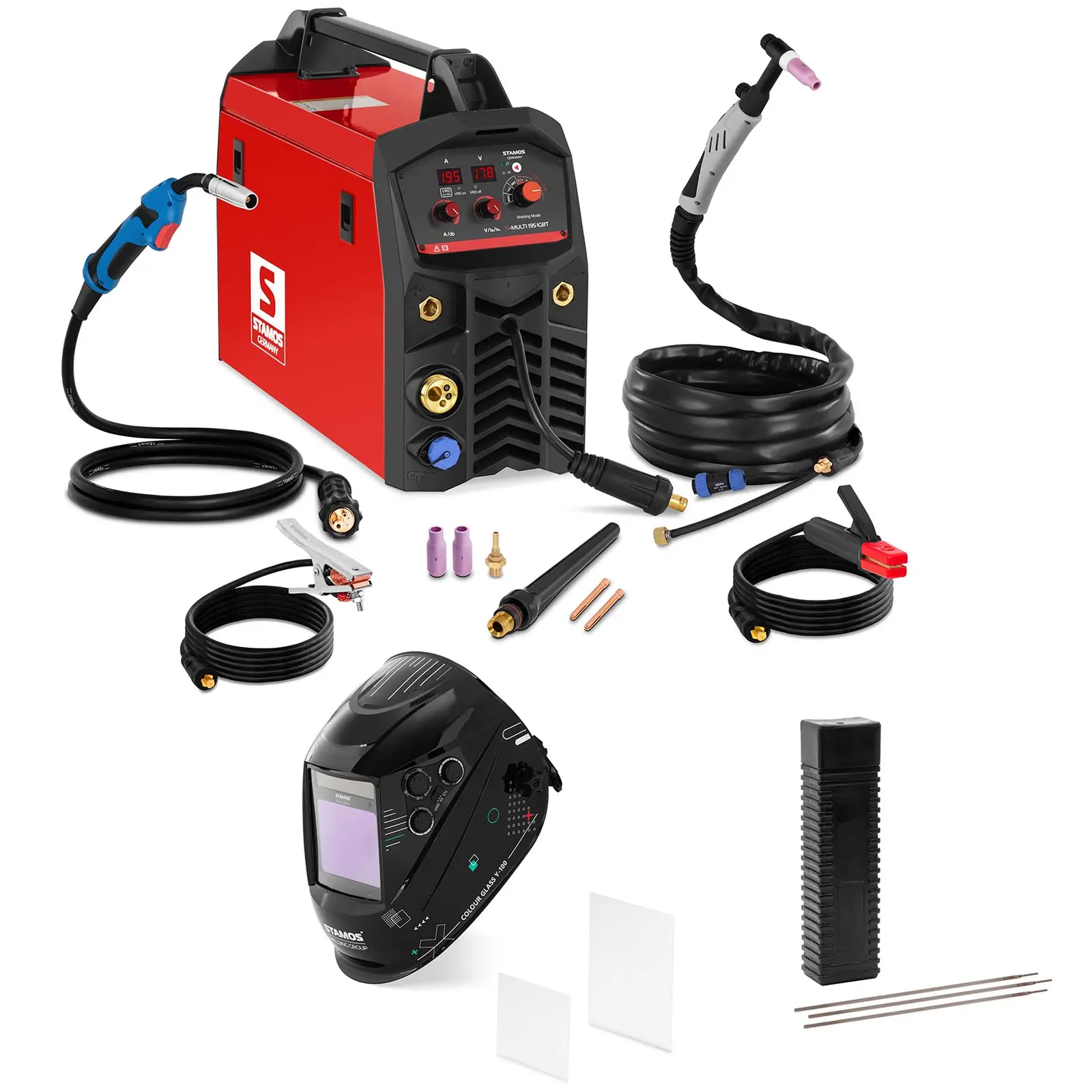 Combination welder - 195 A - VRD / Synergy - welding helmet Colour Glass Y-100 - electrodes E7018 - basic - Ø 2,5 x 350 mm - 5 kg 