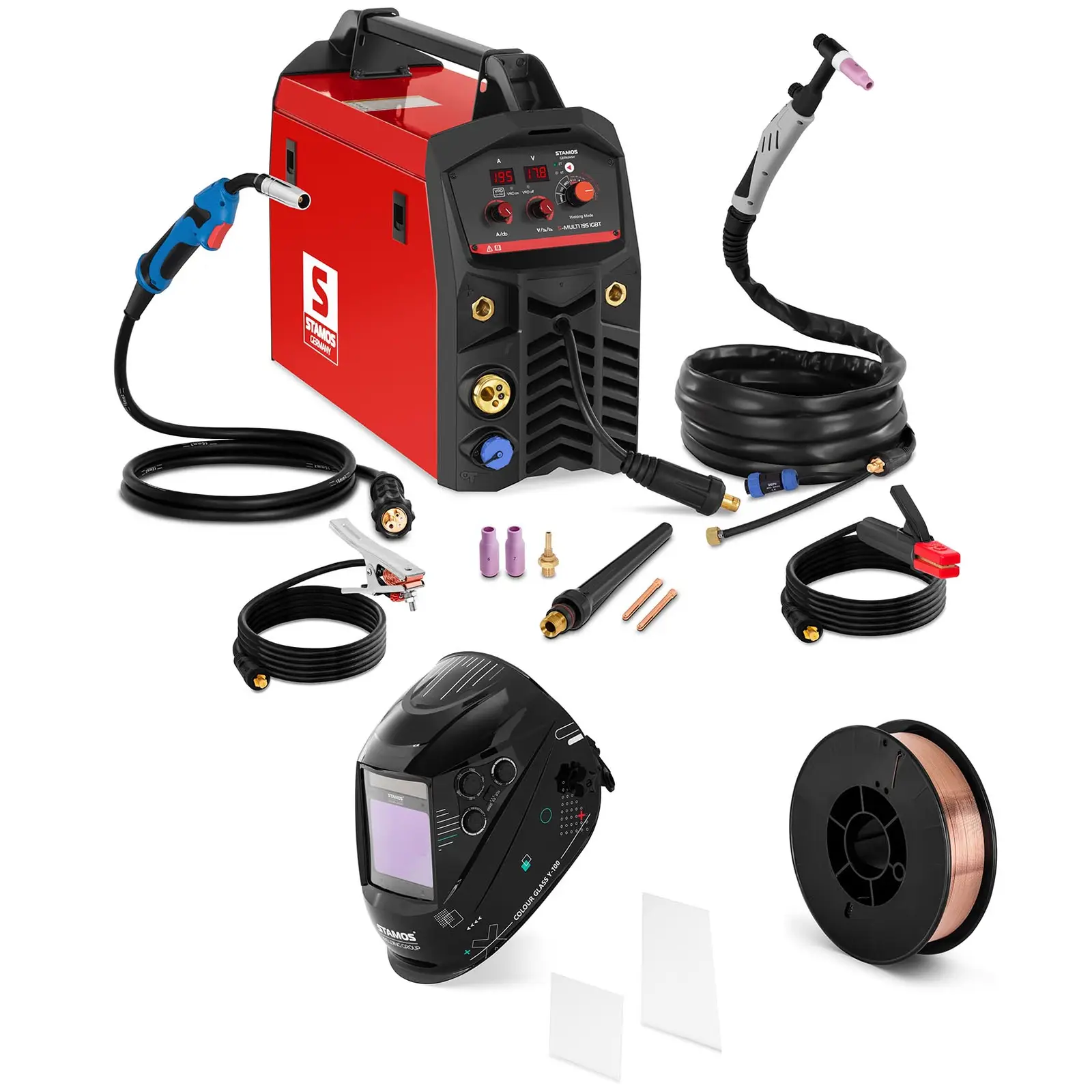 Combination welder - 195 A - VRD / Synergie - Welding helmet Colour Glass Y-100 - Welding rod - ER70S-4 - Ø 0.8 mm - 5 kg