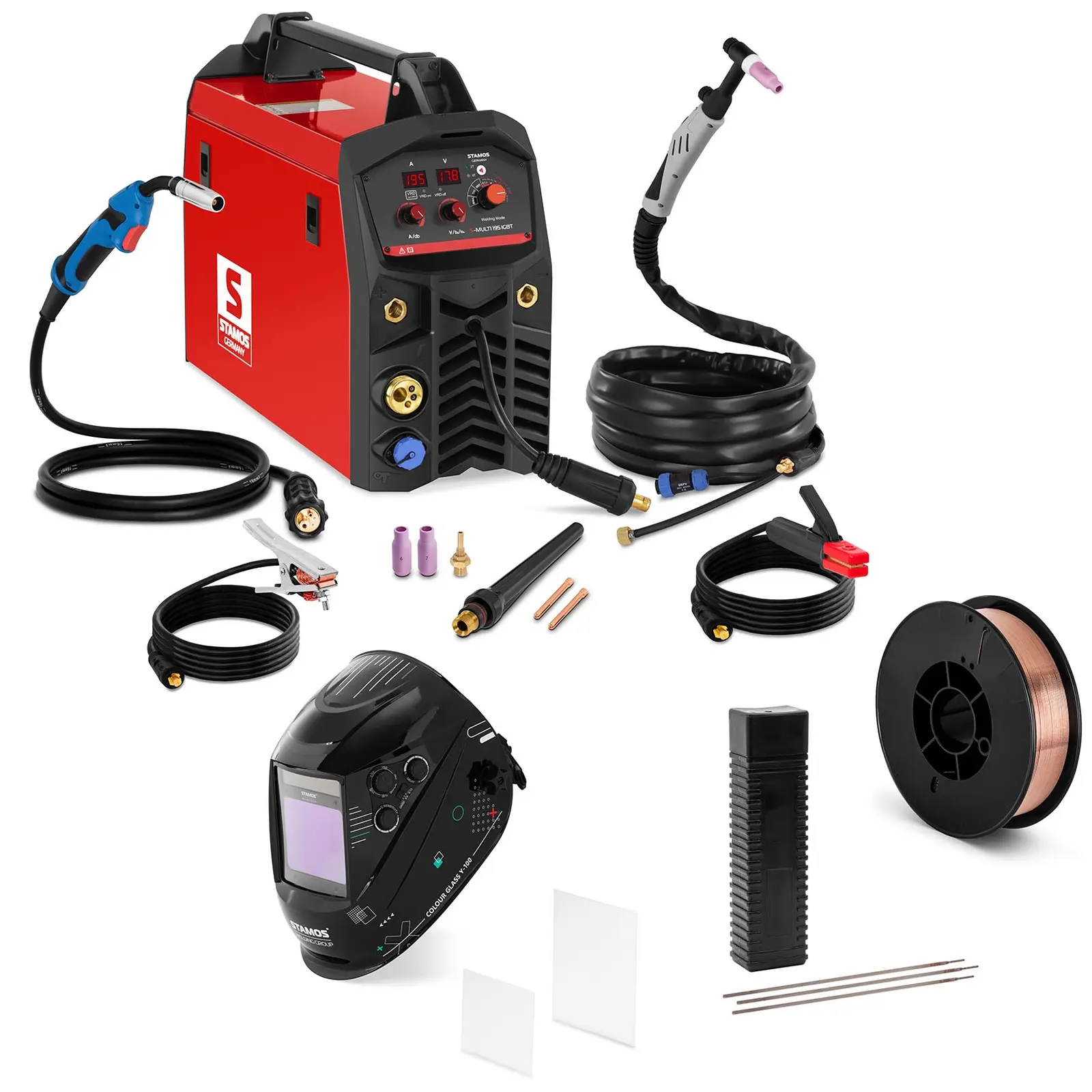 Combination welder - 195 A - VRD / Synergie - Welding helmet Colour Glass Y-100 - Welding rod - ER70S-4 - Ø 0,8 mm - 5 kg - Electrodes E7018 - Ø 2,5 x 350 mm - 5 kg