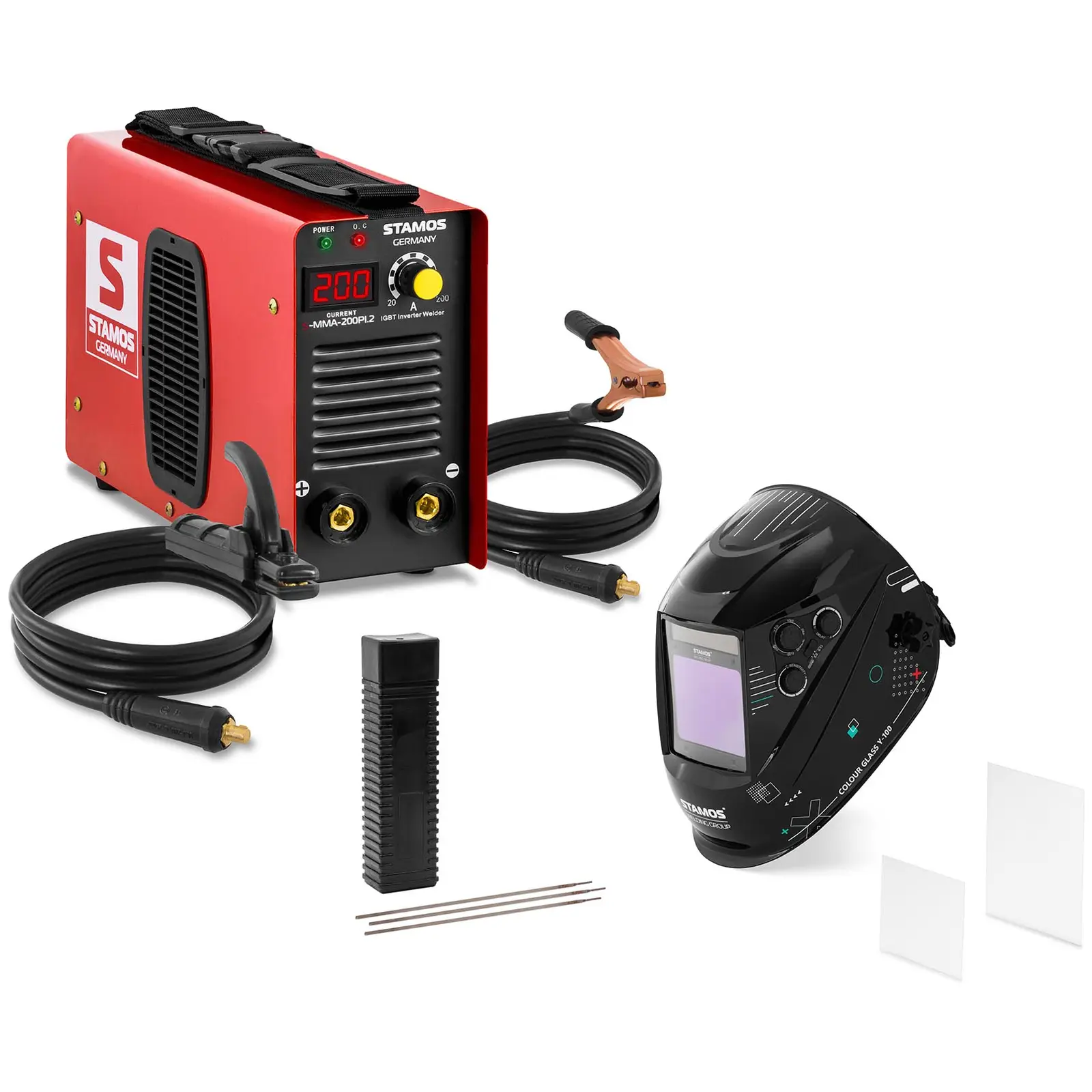 Welding set Electrode welder - 200 A - 60 % Duty Cycle - Welding helmet Colour Glass Y-100 - Electrodes E7018 - basic - Ø 2,5 x 350 mm - 5 kg