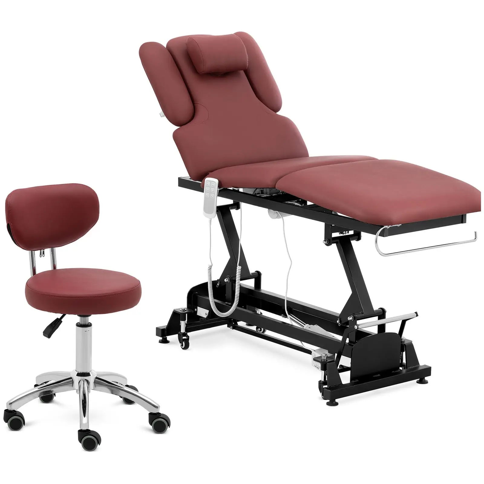 Table de massage électrique & tabouret à roulettes avec dossier - Bordeaux