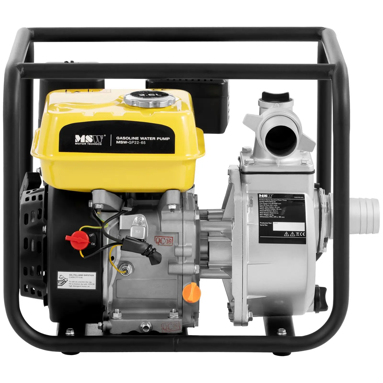 Pompe à eau - 6,5 Ch / 3600 tr/min - avec tuyau plat - 2 pouces - 20 m - 0-6 bar (Poids de l'envoi: 0 kg)