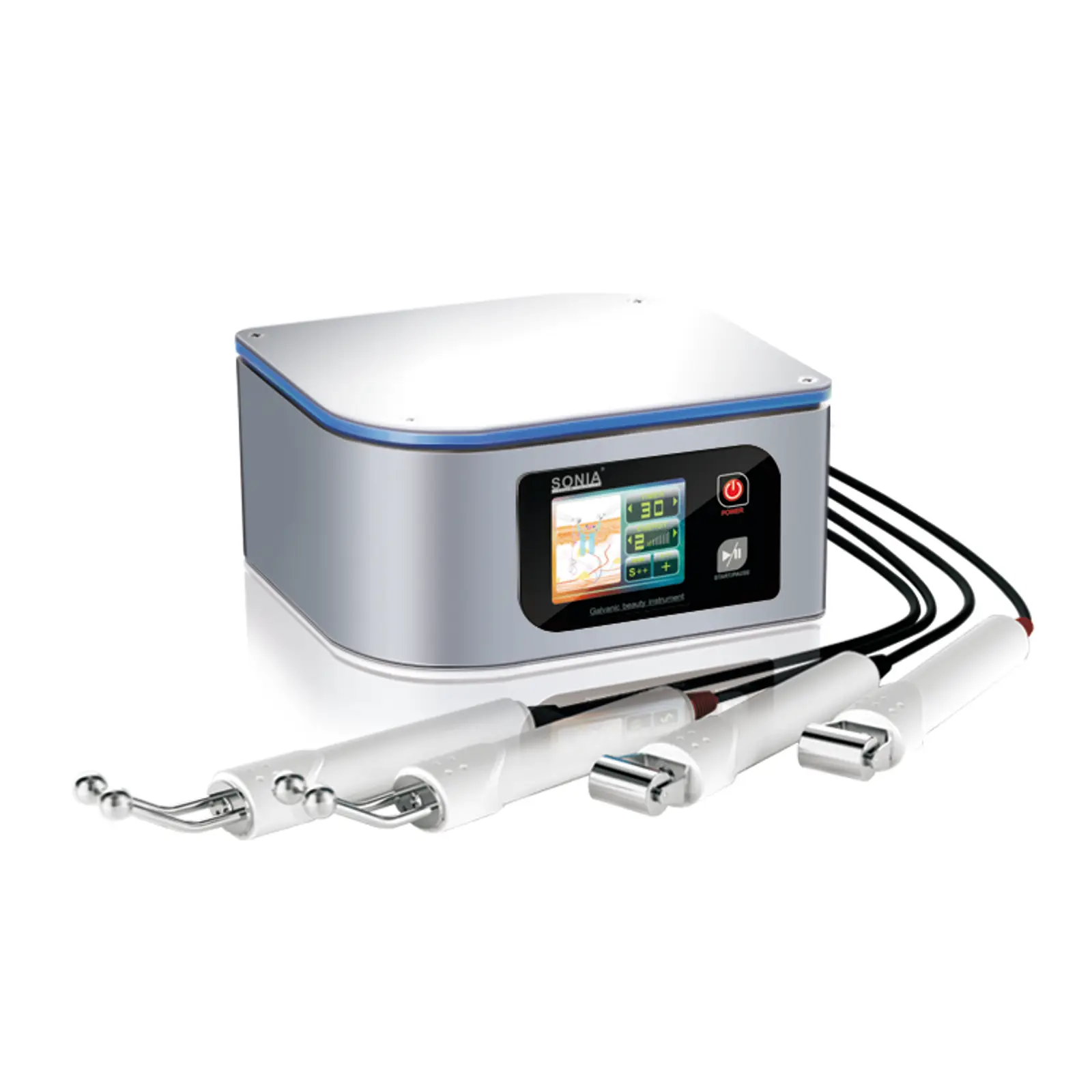 Iontophoresegerät - 3 Funktionen - je 2 Kugel- / Zylinderelektroden - Produktbild